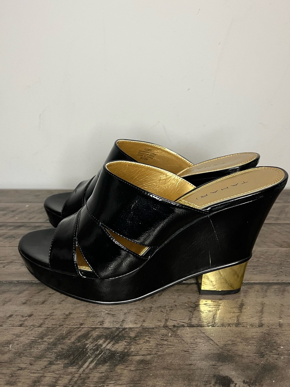 Vintage Tahari Flopsi Wedge Sandals with Gold Heel Detail